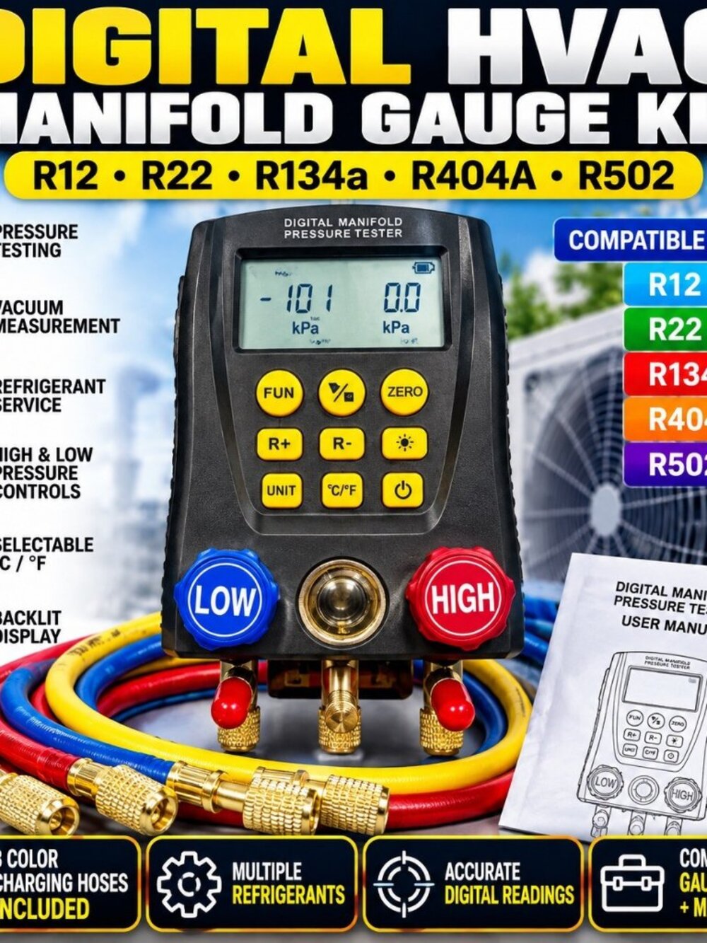 Digital HVAC Manifold Gauge Pressure Tester R12 R22 R134a R404A R502 Hose Kit - Picture 1 of 9